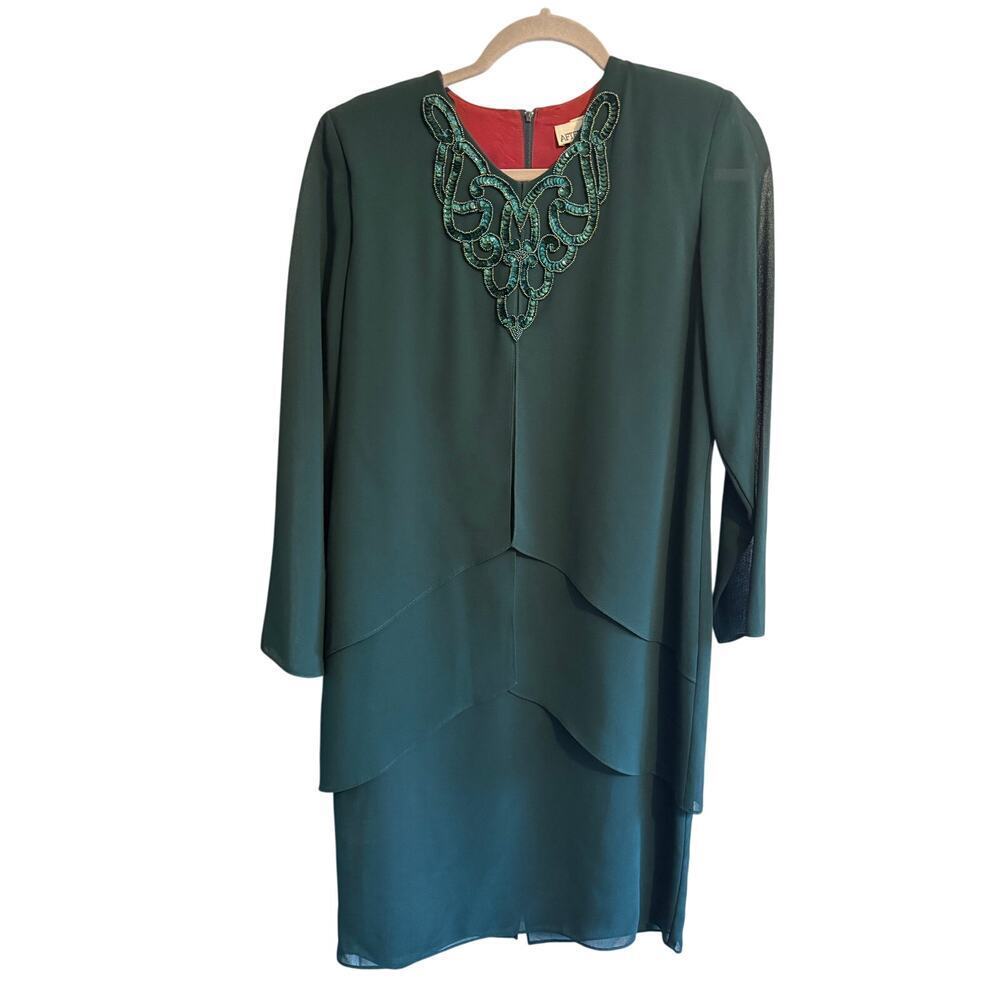 Vintage Women’s After Dark Emerald Green Beaded Tiered Long Sleeve Dress Size 6 - Picture 3 of 9